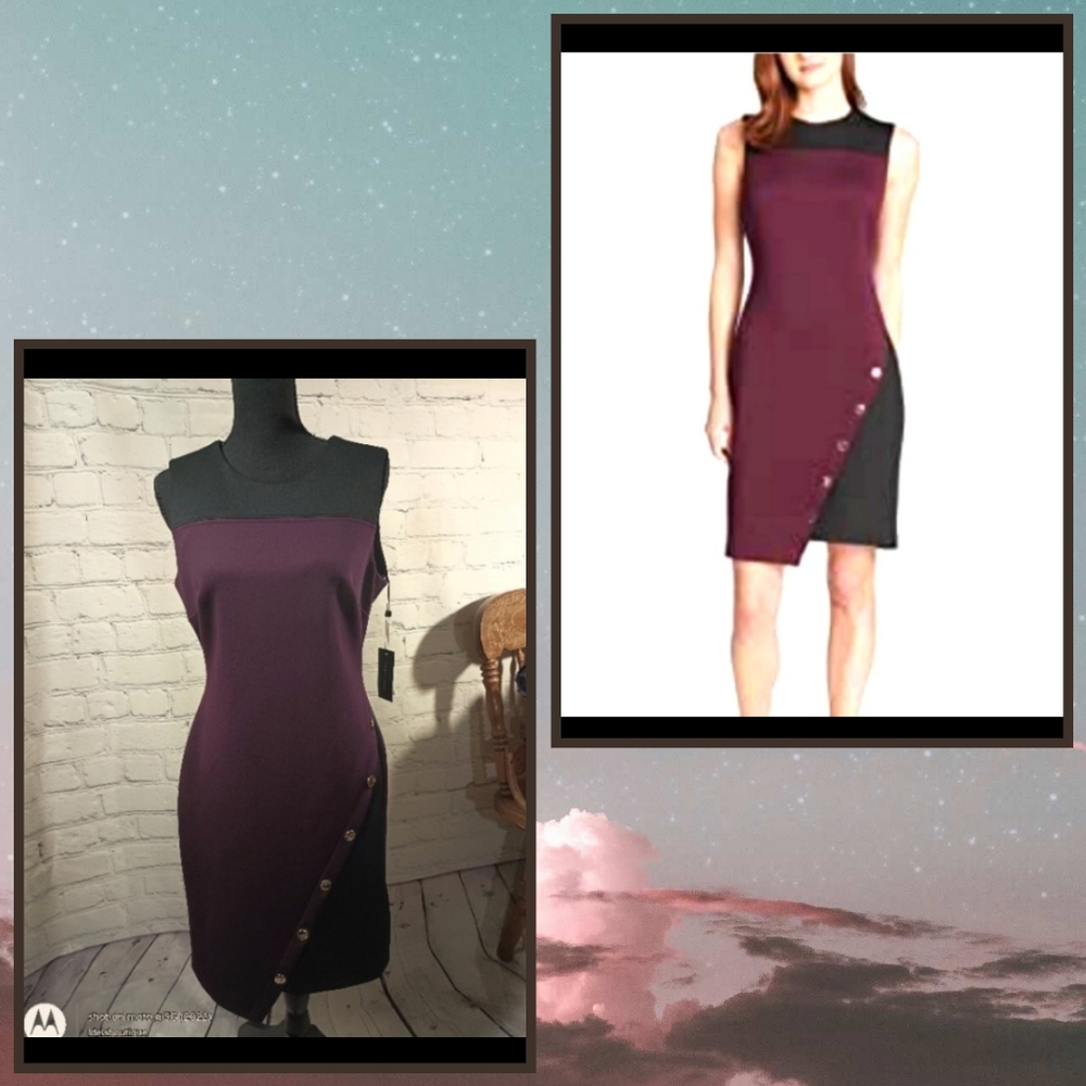 Slvls Crewneck Color Block Fashion Buttons Scuba SheathDress Aubergine